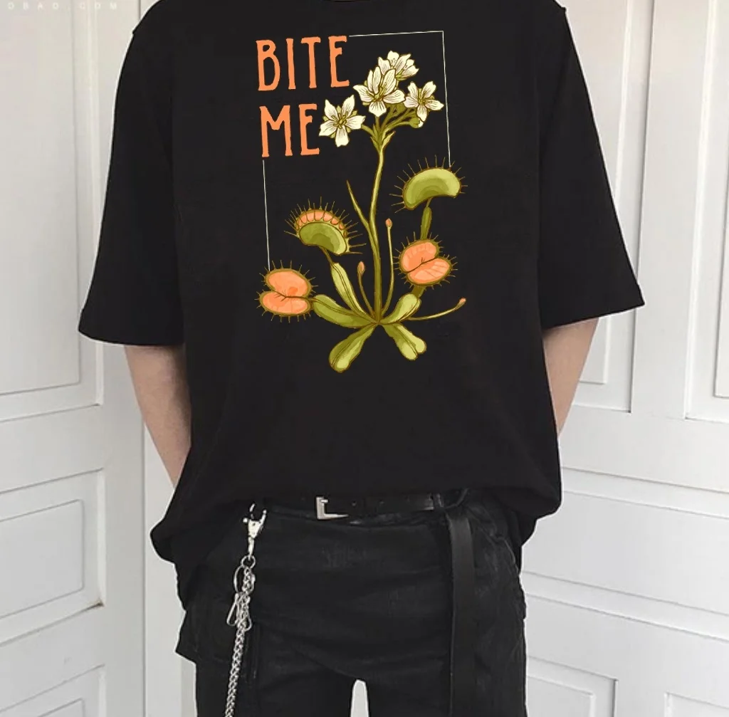 Fashionshow-JF Bite Me Venus Flytrap Funny Printed T Shirt Man Women Short Sleeve Cotton Tees Fashion Street Style Tee Tops | Женская