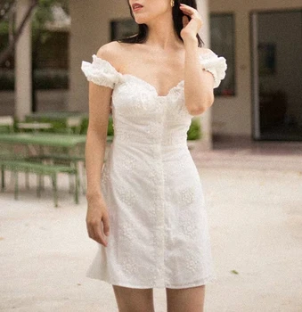 White embroidered floral women dress retro ruffled puff sleeve sweet Off-shoulder lady mini dress 
White embroidered floral women dress retro ruffled puff sleeve sweet Off-shoulder lady mini dress