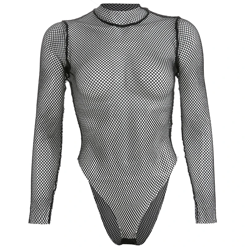Rockmore Mesh Sexy See Through Bodysuits Women Fishnet Transparent Body Femme Long Sleeve Bodysuit Top Playsuit Nightclub Bodies