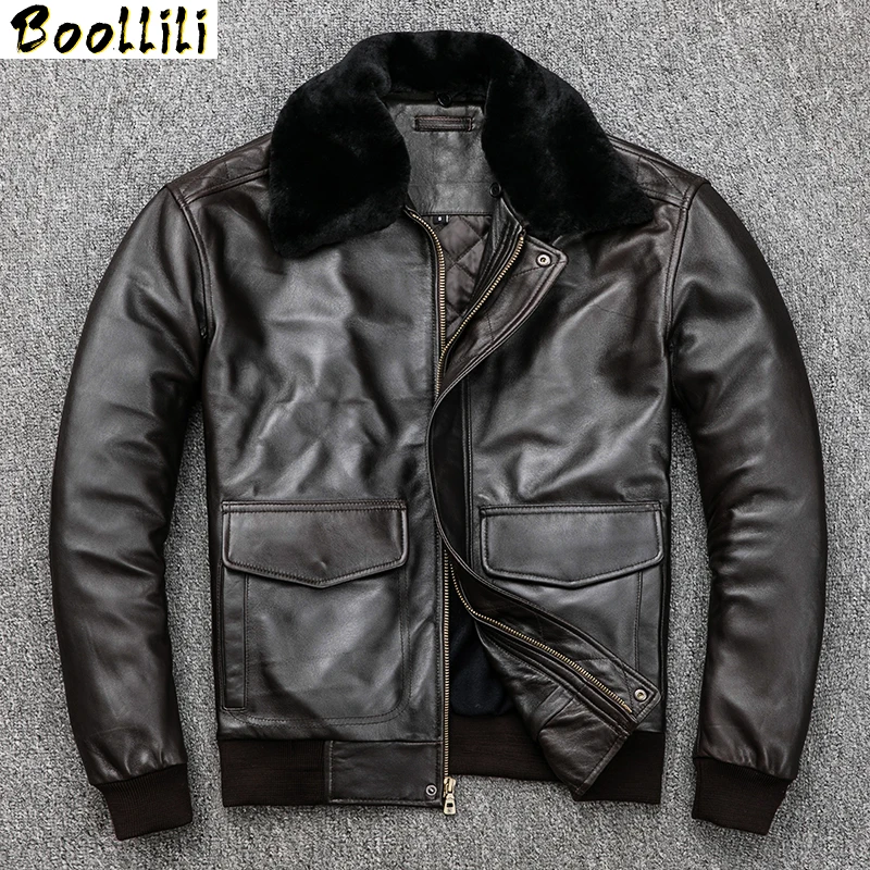 Фото Boollili Men's Leather Jacket Autumn Winter Genuine Sheepskin Coat for Men Plus Size Bomber Parka 2020 | Мужская одежда