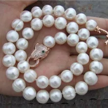 

Beautiful Beads Women Gift word 7-8mm white Freshwater Pearl Necklace Natural breeding LEOPARD HEAD CLASP jewelry 18”