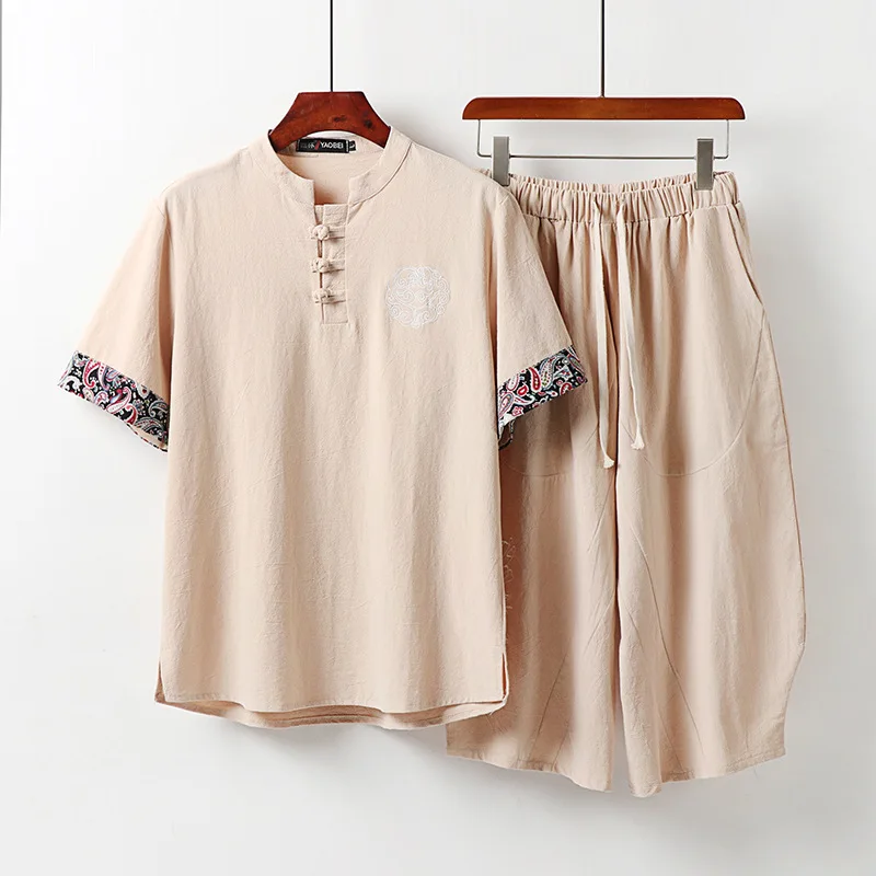 

150Kg Bust 158cm Plus size men's summer Chinese style embroidery T-shirt sets 6XL 7XL 8XL 9XL 10XL 11XL loose linen top