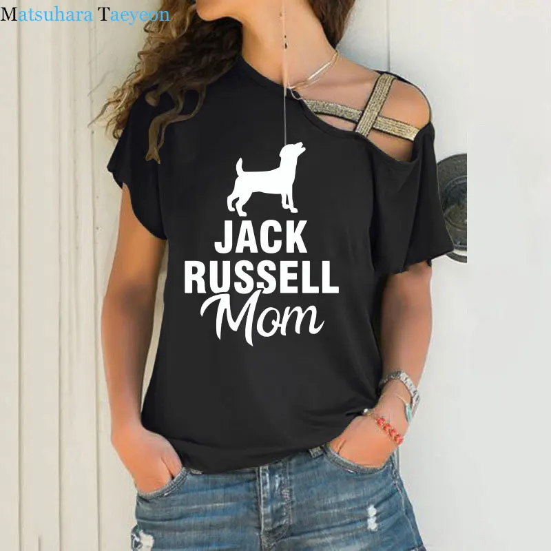 

New Jack Russell Mom Dog Pet T Shirt Short Sleeve Cotton T-shirt Girls Tee Tops Woman Clothing Irregular Skew Cross Bandage