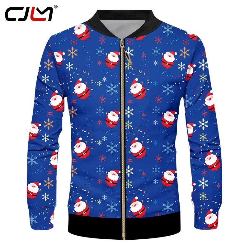 

CJLM Men's Personality Large Size Christmas 3D Printed Zip Jacket Santa Claus Man Polyester Coat 6XL