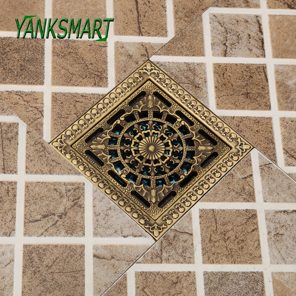 

YANKSMART Antique Brass Shower Bathtub Bathroom Floor Drain Water Filter Sink Strainer Waste Square 12*12cm Drainage