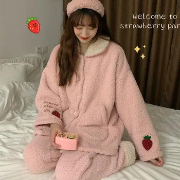Pajamas Women Winter Cute Strawberry Embroidery Pink Home Clothes Suit Thick Warm Long-sleeved Trousers Two-piece Set Sleepwear
Pajamas Women Winter Cute Strawberry Embroidery Pink Home Clothes Suit Thick Warm Long-sleeved Trousers Two-piece Set Sleepwear