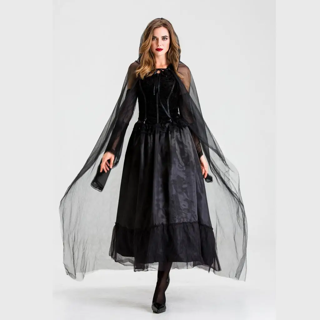 Black Veil Hooded Cloak Maxi Cape Long Dress Womens Costume Grim Reaper Party Halloween Cosplay Black Veil Hooded Cloak Maxi Cape Long Dress Womens Costume Grim Reaper Party Halloween Cosplay