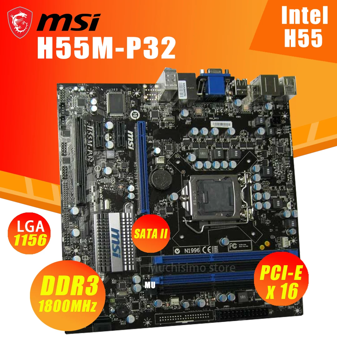 Материнская плата LGA 1156 MSI H55M-P32 Core i7/Core i5/Core i3 DDR3 16 ГБ VGA 2133 МГц Рабочий стол H55