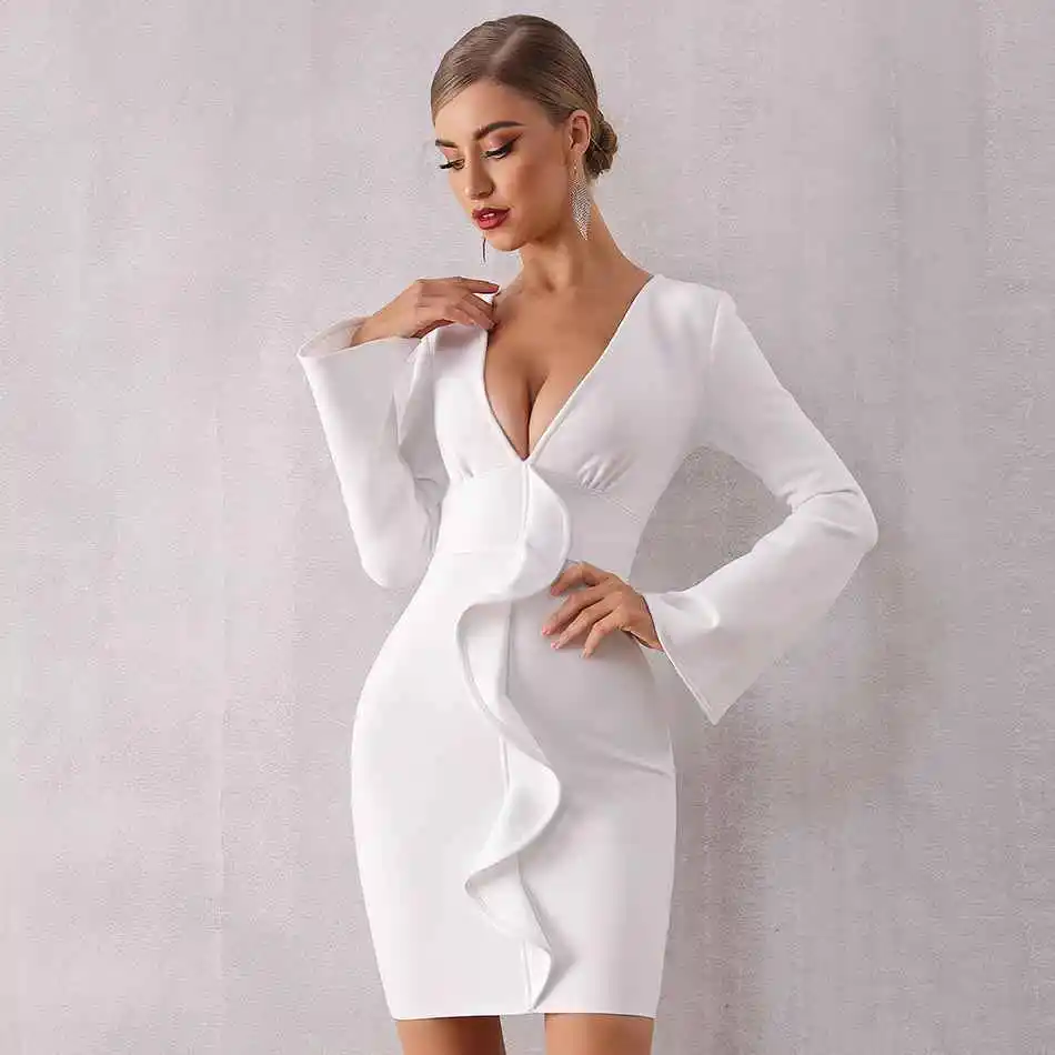 Seamyla White Ruffles Deep V Neck Long Flare Sleeve Bandage Dress Women Autumn Celebrity Evening Party Bodycon Sexy 2019 Vestidos Club Mini Dresses 
Seamyla White Ruffles Deep V Neck Long Flare Sleeve Bandage Dress Women Autumn Celebrity Evening Party Bodycon Sexy 2019 Vestidos Club Mini Dresses