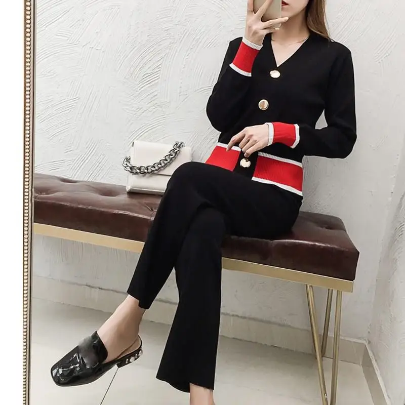 Women Spring Fall 2 Piece Single Breasted Cardigans And Wide Leg Pants Sets Knitted Sweater Long Pant Female Suits
Women Spring Fall 2 Piece Single Breasted Cardigans And Wide Leg Pants Sets Knitted Sweater Long Pant Female Suits