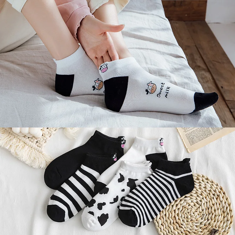

New Women Socks Cow Embroidery Stripes Spring Summer Cotton Short Socks for Ladies Cartoon Print Socks Girls Female Socks Sokken