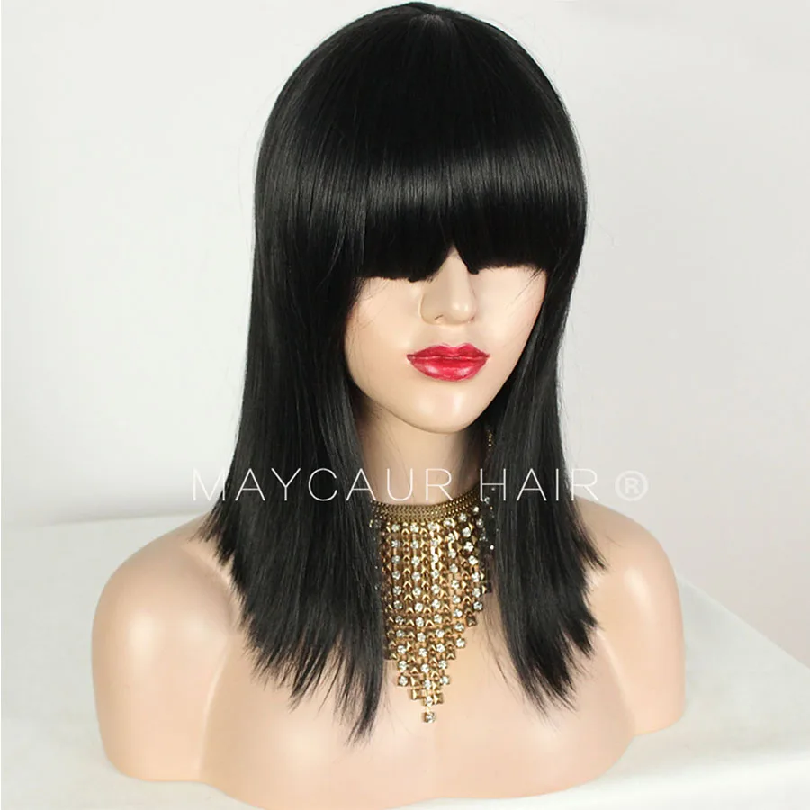 Maycaur Synthetic Wigs With Full Bangs Black Color Heat Resistant Fiber Hair None Lace Medium Size Short Bob Wig For Women (2)