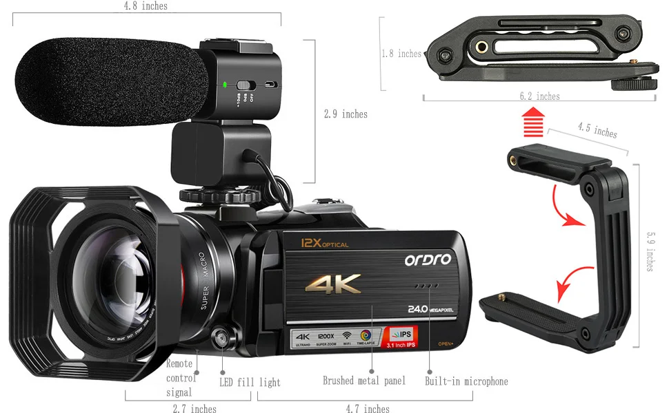 Видеокамера 4K профессиональная ORDRO AC5 12X оптический зум Wifi filmadora Vlog