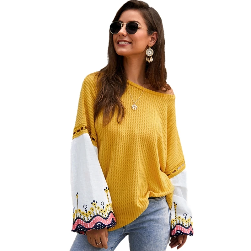 Women Batwing Sleeve Sweater Floral Embroidery Patchwork Waffle Knit Loose Tops
Women Batwing Sleeve Sweater Floral Embroidery Patchwork Waffle Knit Loose Tops