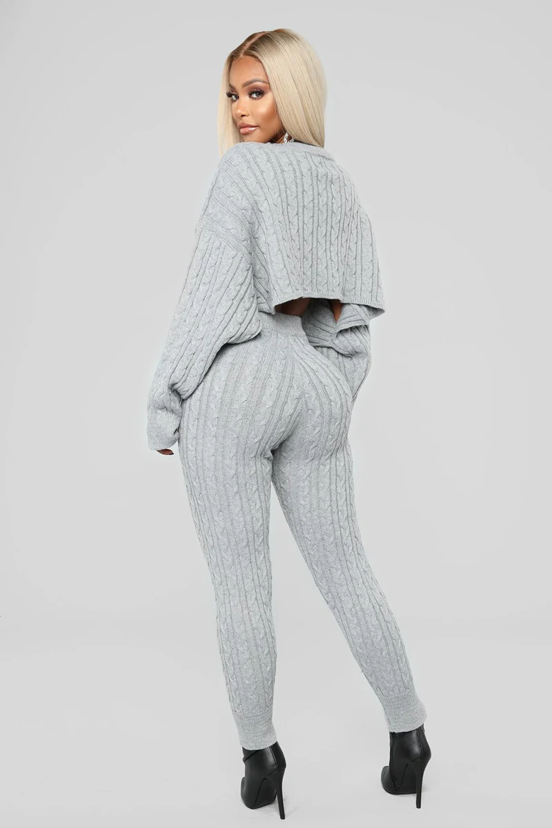 Knitted 2 Piece Set Women Long Sleeve Crop Tops And Long Pants Knitted 2 Piece Set Women Long Sleeve Crop Tops And Long Pants