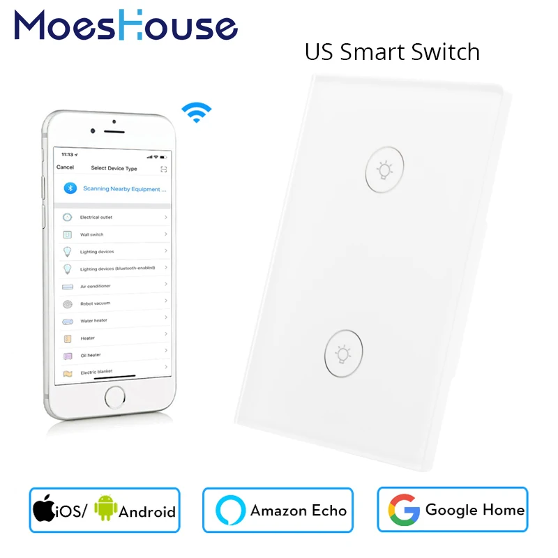 US 2 Gang Wifi Smart Wall Touch Switch Glass Panel APP Remote Control No Hub Required for Smart Life
US 2 Gang Wifi Smart Wall Touch Switch Glass Panel APP Remote Control No Hub Required for Smart Life