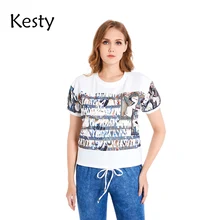 

KESTY Women's Plus Size Cotton T-shirt Spring Top Short-sleeved Fashion Pattern Loose Casual Round Neck Top with Elastic Band