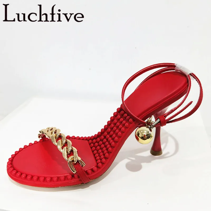 

Sexy Chains Peep Toe Sandals High Heels Ladies Shoes Summer Gladiator Stiletto Sandals Feminina Red Green Shoes Woman