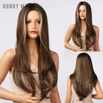 HENRY MARGU Long Wavy Dark Brown Ombre Highlight Synthetic Wigs Natural Middle Part Wigs For Women Cosplay Wigs Heat Resistant