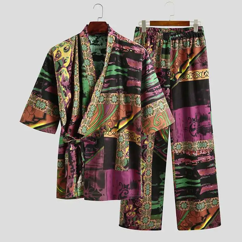Men's Pajamas Sets Kimono Printed Cotton Half Sleeve V Neck Lace Up Sleepwear Pants Japanese Leisure Men Nightwear Suit INCERUN Men's Pajamas Sets Kimono Printed Cotton Half Sleeve V Neck Lace Up Sleepwear Pants Japanese Leisure Men Nightwear Suit INCERUN