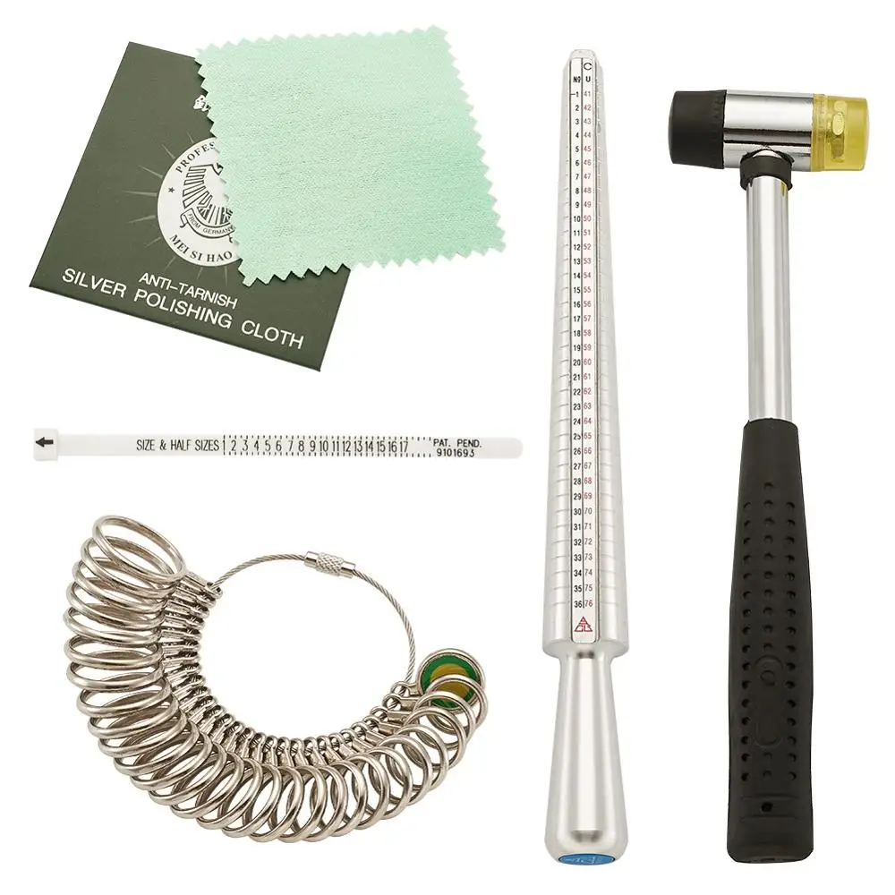 Jewelry Measuring Tool Sets with Ring Mandrel and Ring Sizers Model Finger Measure, Rubber Hammers and Silver Polishing Cloth 
Jewelry Measuring Tool Sets with Ring Mandrel and Ring Sizers Model Finger Measure, Rubber Hammers and Silver Polishing Cloth