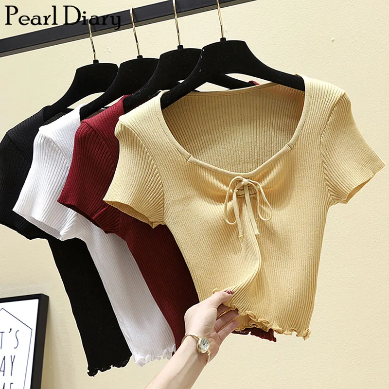 

Pearl Diary Women Rib Knitting Crop Tops Summer Drawstring Bow Tied Ruched Front Casual T-shirts Lettuce Edge Female Outwears