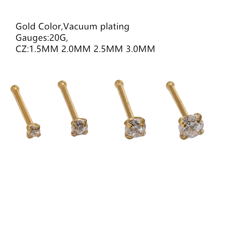 

Wholesale 50pcs/Lot CZ Gold Color Nose Stud Bone Pin Surgical Steel Nose Studs Nose Piercing 20gX7mmx1.5mm 2mm 2.5mm 3mm