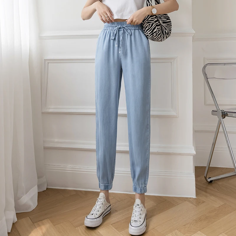 Summer Elastic Waist Ninth Pants Women Casual Hight Waist Pencel Pants Loose Thin Jeans Lady Denim Pants Drawstring Trousers
Summer Elastic Waist Ninth Pants Women Casual Hight Waist Pencel Pants Loose Thin Jeans Lady Denim Pants Drawstring Trousers