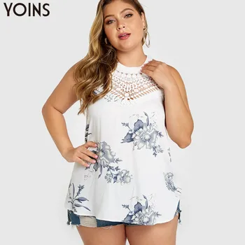 

YOINS Plus Size Women Backless Floral Printed Tank Tops 2020 Summer Casual Loose Vests Turtle Neck Sleeveless Lace White Camis