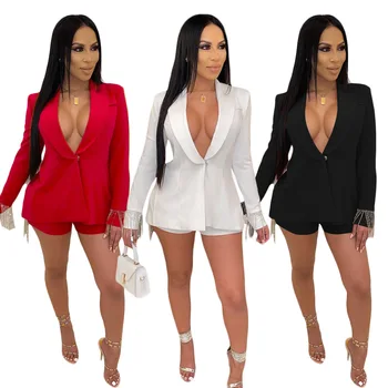 Women Sexy Tassel Blazer Two Piece Set Sexy OL Suit Women Top Coat Shorts Tracksuit F486 
Women Sexy Tassel Blazer Two Piece Set Sexy OL Suit Women Top Coat Shorts Tracksuit F486