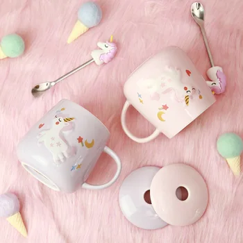Lovely Mermaid Marc Cup Bring Cover Spoon Unicorn Ceramics Cup Originality Personality Trend Pink Colour System Lovers Cup