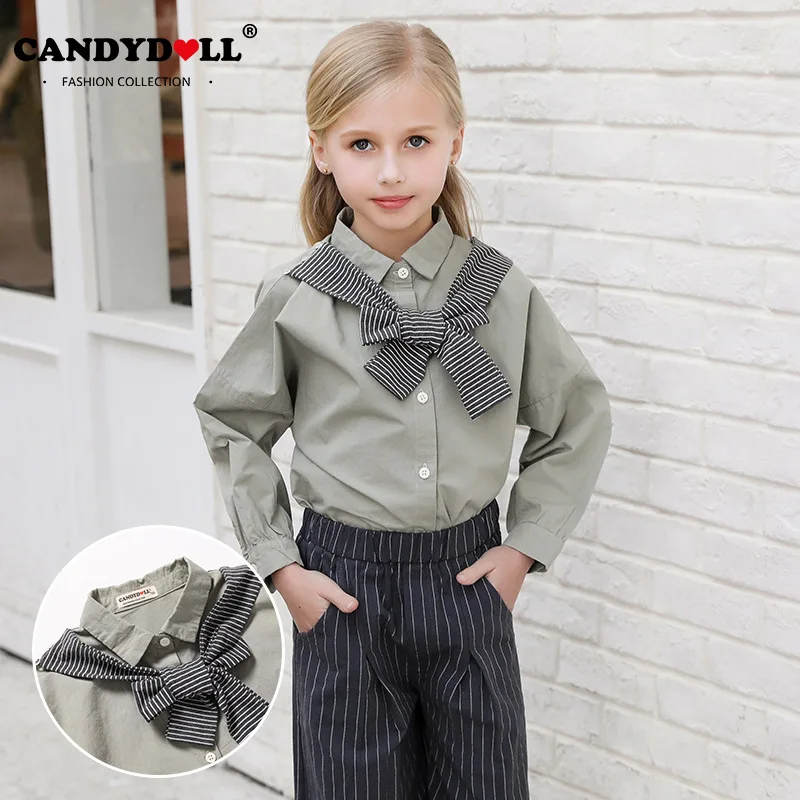 

CANDYDOLL Fall new girl's shirts fashion fake two children's shirts children's all cotton top with long sleeve green shirt