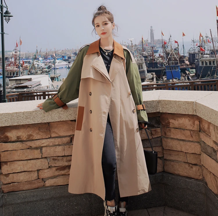 Brand New Fashion Womens Trench Coat Colorblock Long Double-Breasted with Belt Lady Windbreaker Spring Autumn Outerwear Clothes