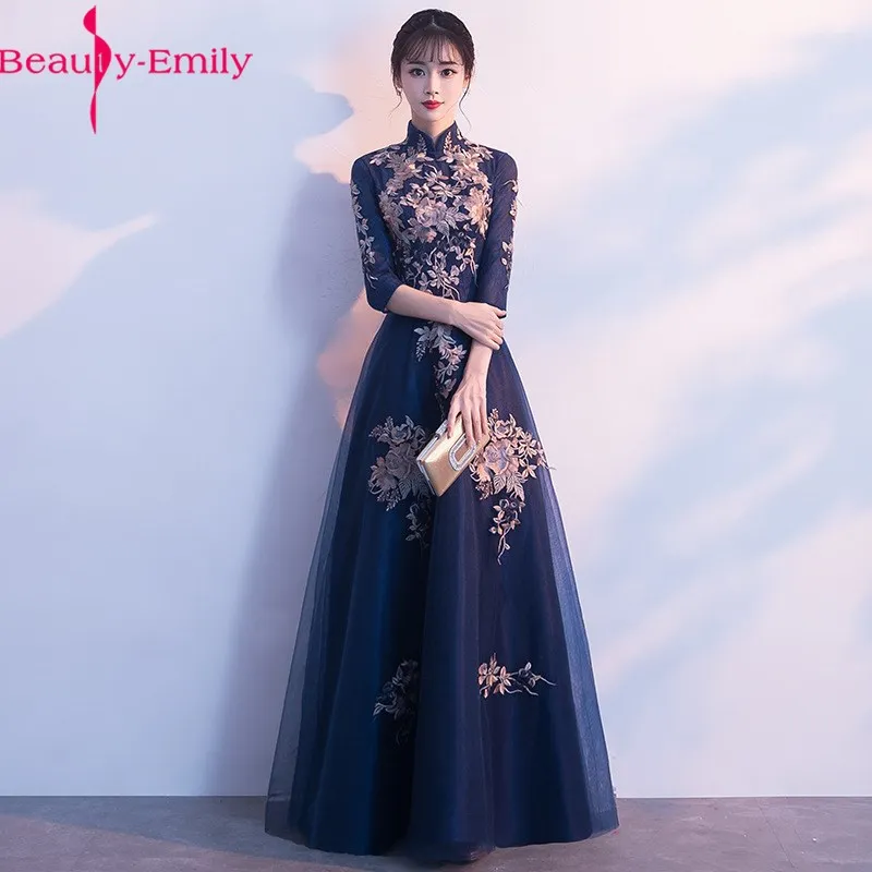 Fashion High Neck A Line Evening Dress 2020 Elegant Half Sleeve Appliqued Zipper Back Formal Party 2 Colors Available | Свадьбы и