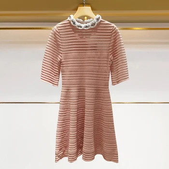 Women's Striped Mini Dress Elegant See-throught Laides Short-Sleeved Knitted Short Dresses with Beadings 2020 New
Women's Striped Mini Dress Elegant See-throught Laides Short-Sleeved Knitted Short Dresses with Beadings 2020 New