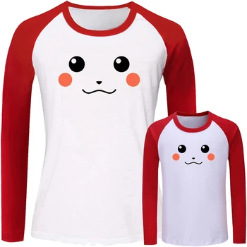 

Cute Pikachu Pokemon Pokeball Design Matching Family Outfits T-shirt Mom Daughter Long Sleeve Tee Women Girl Printed Tops Gift