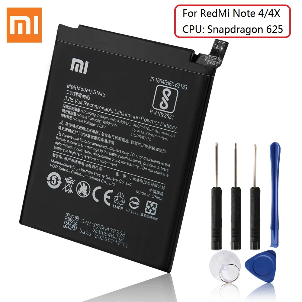 100% Original Xiaomi BN43 Replacement Battery For Xiaomi Redmi Note4 Note4X Global Snapdragon 625 4000mAh Large Capacity Tools
100% Original Xiaomi BN43 Replacement Battery For Xiaomi Redmi Note4 Note4X Global Snapdragon 625 4000mAh Large Capacity Tools