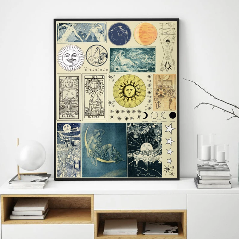 

Sun Moon and Stars Abstract Vintage Poster Astrology Illustrations Prints Retro Wall Art Picture Canvas Painting Astrologer Gift