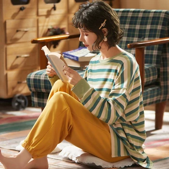 2020 pajamas women's autumn new striped cotton long-sleeved Korean thin style outing home wear casual two-piece suit sleepwears 
2020 pajamas women's autumn new striped cotton long-sleeved Korean thin style outing home wear casual two-piece suit sleepwears