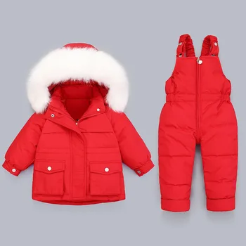 모피 후드 보이 베이비 오버올 소녀 의류 겨울 다운 재킷 따뜻한 키즈 코튼 코트 아동 Snowsuit 스노우 의류 세트