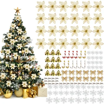 

120Pcs DIY Christmas Tree Ornaments Glitter Artificial Flowers Snowflake Bell Cane Bowknot Set Xmas Tree Decoration Navidad