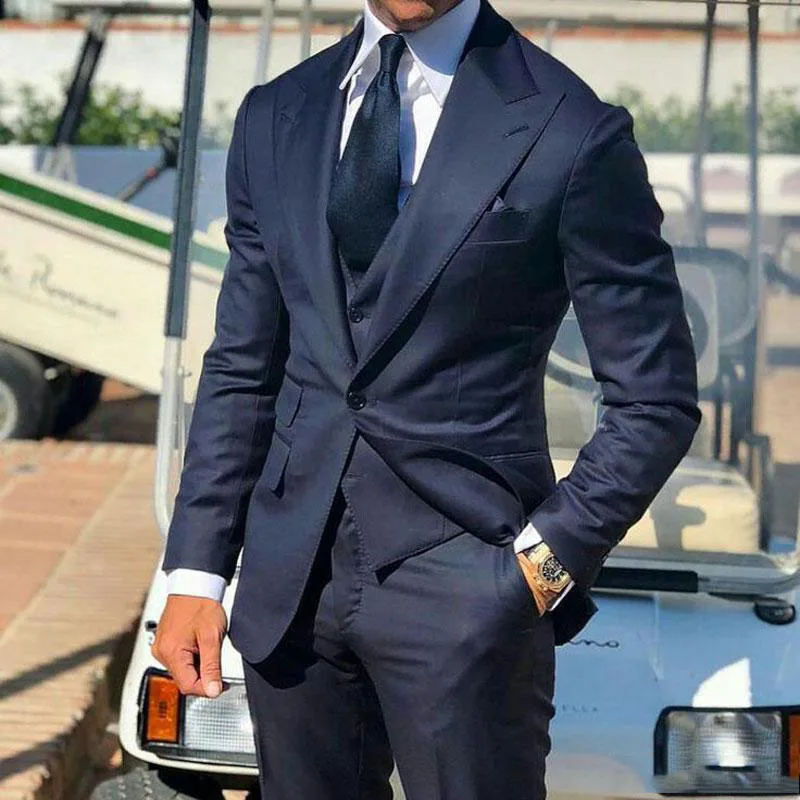 

Navy Blue Men Business Suits Groom Tuxedo Trajes de hombre Wide Peaked Lapel Slim Fit Bridegroom Attire Best Man Blazer 3Piece