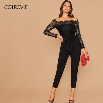 

COLROVIE Black Off Shoulder Lace Bodice Self Belted Jumpsuit Skinny Sheer Jumpsuits Women 2019 Autumn High Waist Long Jumpsuits