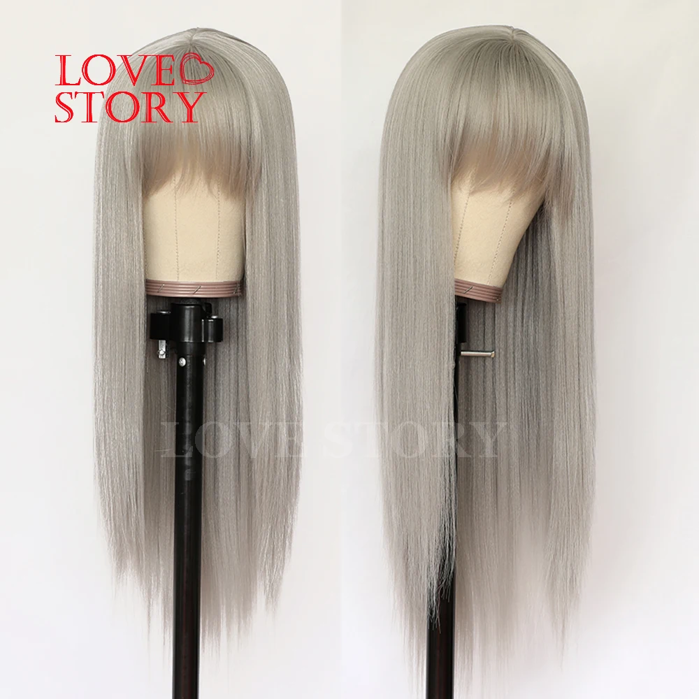 

Lovestory Silky Straight with Bang Synthetic None Lace Wigs Grey Color Heat Resistant Synthetic Replacement Hair Wig For Women