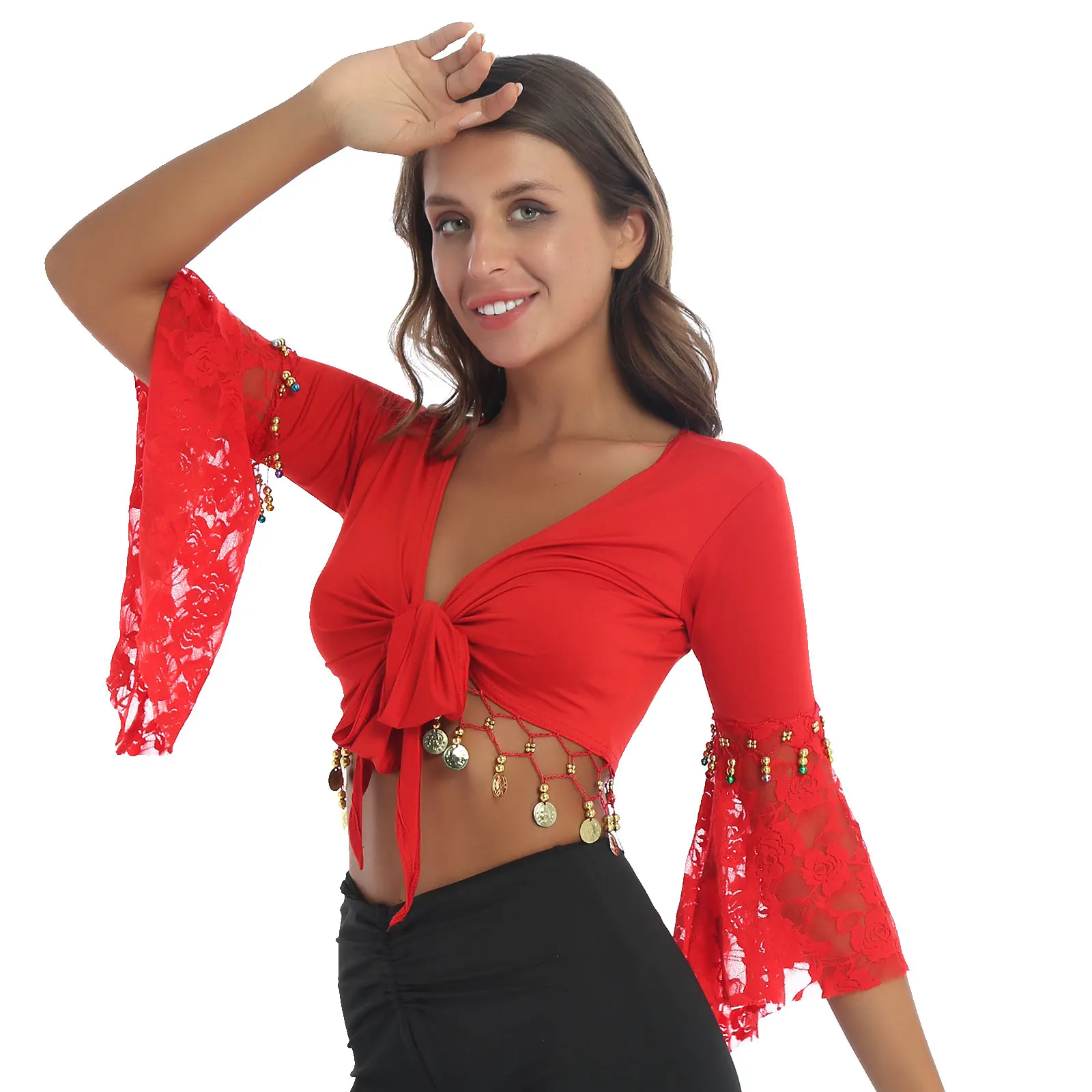 Women Belly Dance Costume Lace Patchwork Three Quarter Flare Sleeve Bell Bead Tassel Lace-Up Shawl Crop Tops Cardigan
Women Belly Dance Costume Lace Patchwork Three Quarter Flare Sleeve Bell Bead Tassel Lace-Up Shawl Crop Tops Cardigan