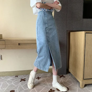 High Waist A- line Skirt Summer 2020 New Pin Retro Split blue Denim Skirt Women's Mid-Length Hip Skirt 
High Waist A- line Skirt Summer 2020 New Pin Retro Split blue Denim Skirt Women's Mid-Length Hip Skirt