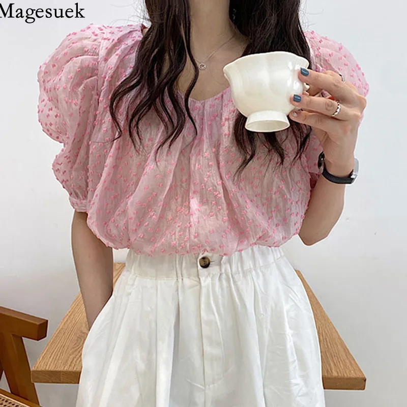 

Korean Fashion Yarn Dots Blouse Summer Sweet V-neck Net Women Tops New Puff Short Sleeve Pleated Shirt Loose Pink Clothing 14381
