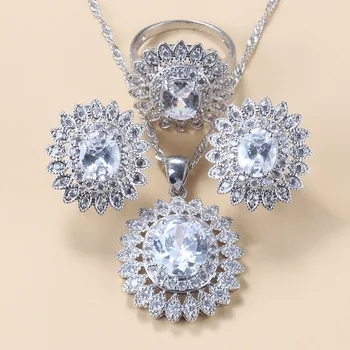 Pure Wedding Costume Jewelry Sets 925 Silver White Zircon Sunflower Hoop Earrings Pendant Necklace And Ring Bridal Sets
Pure Wedding Costume Jewelry Sets 925 Silver White Zircon Sunflower Hoop Earrings Pendant Necklace And Ring Bridal Sets