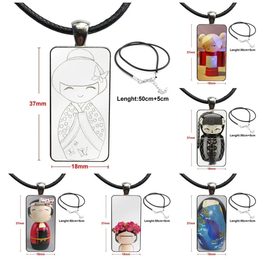 For Women Fashion Jewelry Japanese Spring Kokeshi Doll Glass Cabochon Choker Pendant Rectangle Necklace Steel Color | Украшения и