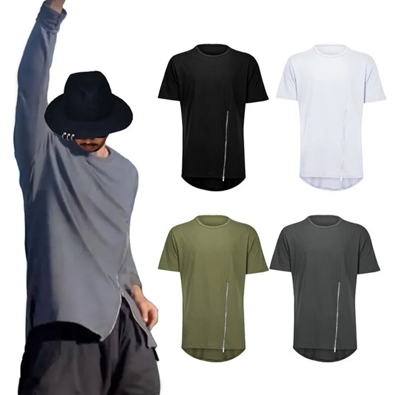 Summer new Men Extended Curved hem Front zipper design Short sleeve T-shirt hip hop oversized Streetwear casual Tee shirts | Мужская